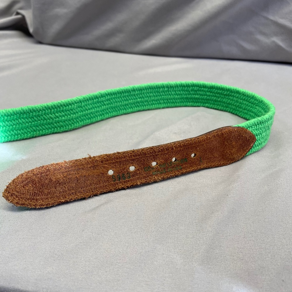 Vintage Kelly Green Woven Beltโ Mens Womens Large Leather Trim Brass Buckle USA